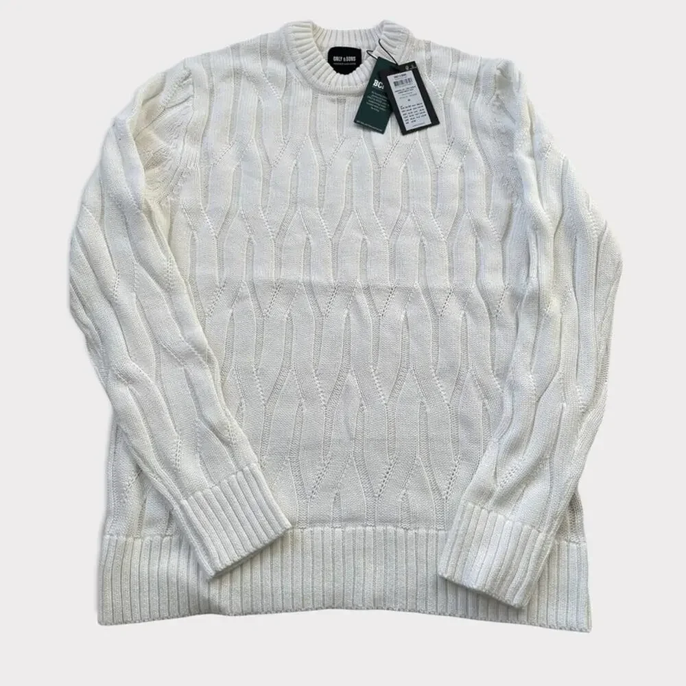 Only & Sons Mens Crewneck Cable Knit Sweater Cloud Dancer Size M NWT - Picture 4 of 9